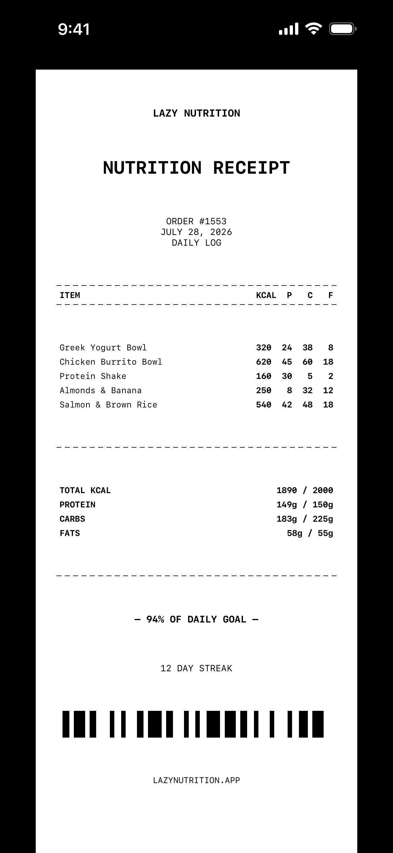 Nutrition receipt