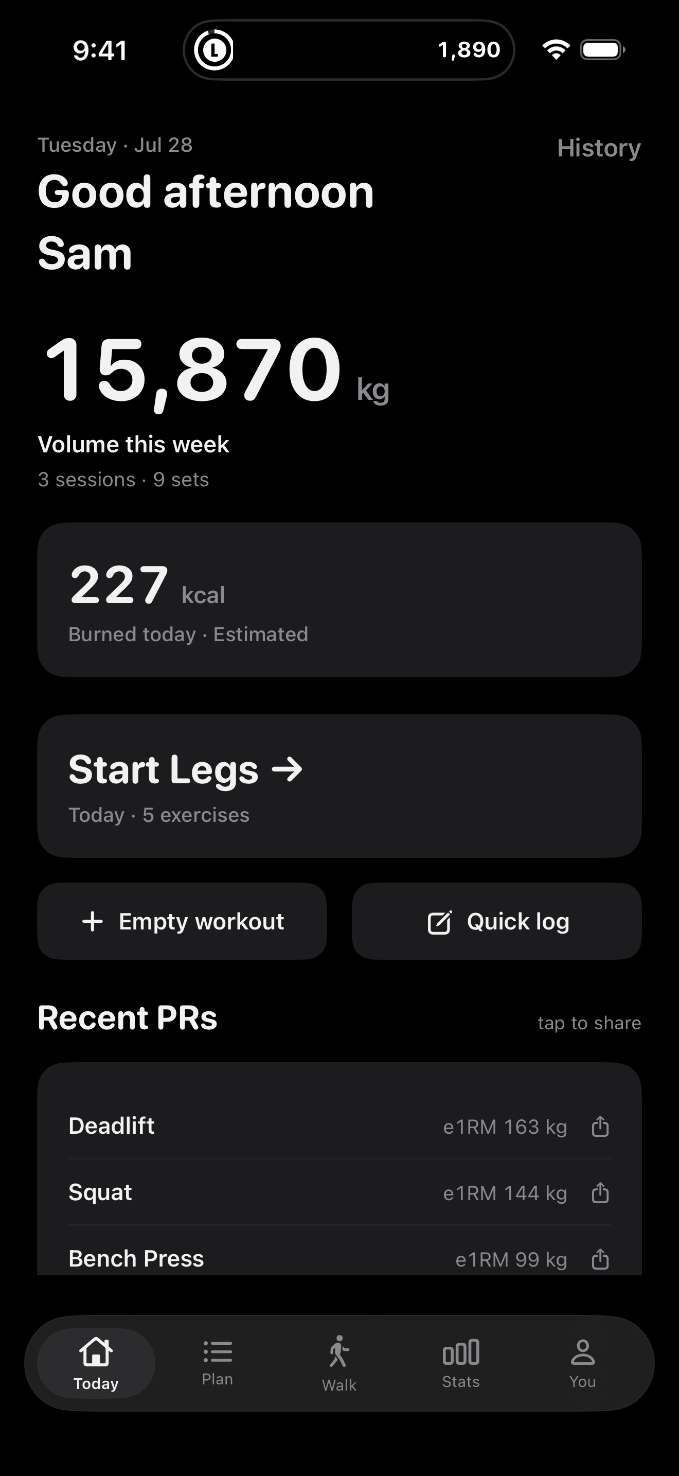 Lazy Workouts today screen